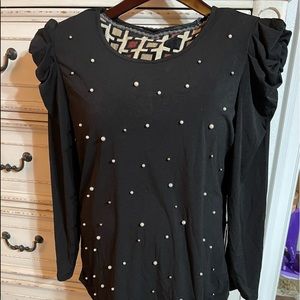NWOT XL Ladies long sleeve back puff shoulder synthetic shirt with pearl accents